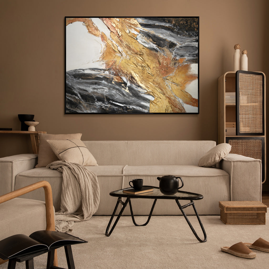 Moderne Kunst mit schwarzem Rahmen, Abstrakte Gemälde für Wohnzimmer, Handgemalte Bilder auf Leinwand, Goldene Textur abstrakte Kunst, Einzigartige Kunstwerke mit Rahmen, Großformatige Gemälde in goldenen Farbtönen, Abstrakte Kunst in Schwarz und Gold, Kunst für Inneneinrichtung, Texturiertes Acrylgemälde, Moderne Wandkunst