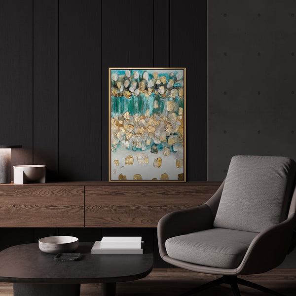 Abstraktes Acrylbild „Rhythmus der Unendlichkeit" im modernen Wohnzimmer – türkise Wanddeko mit Goldakzenten