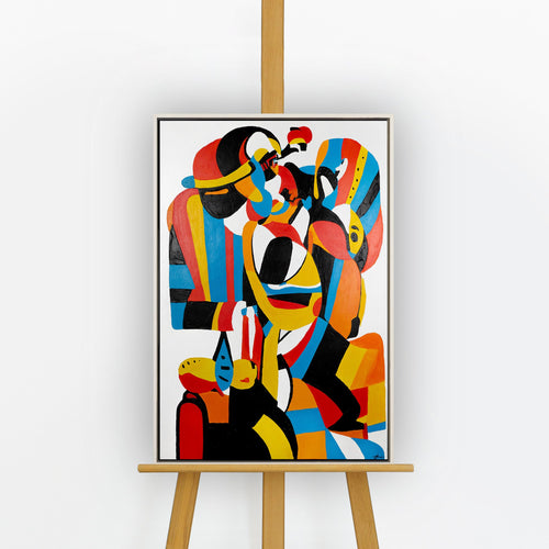 Handgemaltes kubistisches Acrylbild „Ausdrucksform" auf Staffelei – bunte Figuren in Rot, Blau & Gelb, weißer Rahmen