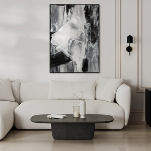 "Contrasting Reflections" Black White Art Hand-Painted Abstract Canvas Artwork with Frame 