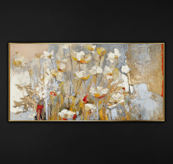 Modern Acrylic Paintings – Hand-Painted Flowers on Canvas with Gold Accents