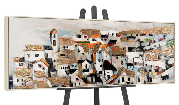 Unique Hand-Painted City Art "Sunshine Houses" – Canvas Painting with Golden Details
