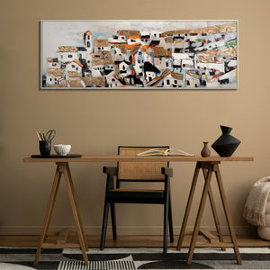 Unique Hand-Painted City Art "Sunshine Houses" – Canvas Painting with Golden Details