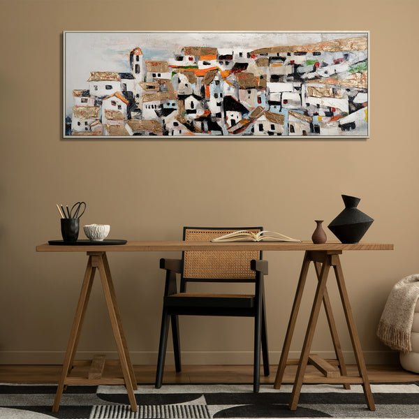 Unique Hand-Painted City Art "Sunshine Houses" – Canvas Painting with Golden Details