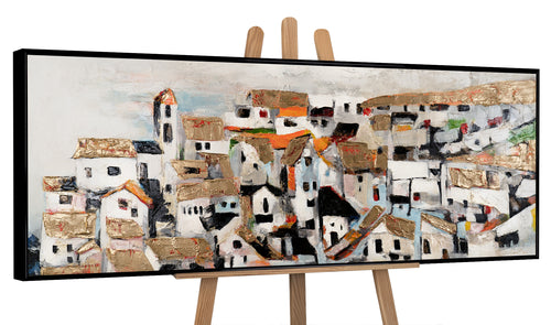 Unique Hand-Painted City Art "Sunshine Houses" – Canvas Painting with Golden Details