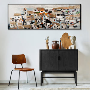 Unique Hand-Painted City Art "Sunshine Houses" – Canvas Painting with Golden Details
