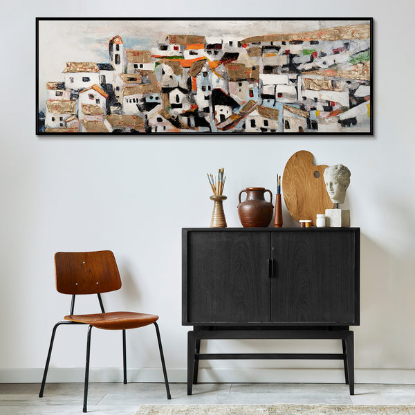 Unique Hand-Painted City Art "Sunshine Houses" – Canvas Painting with Golden Details
