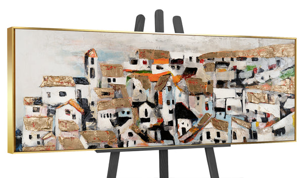 Unique Hand-Painted City Art "Sunshine Houses" – Canvas Painting with Golden Details