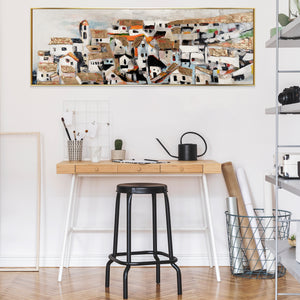 Unique Hand-Painted City Art "Sunshine Houses" – Canvas Painting with Golden Details