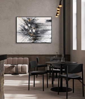 Abstraktes Leinwandbild mit Rahmen „Energie der Linien“ – monochrome Kunst mit Gold