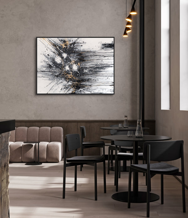 Abstraktes Leinwandbild mit Rahmen „Energie der Linien“ – monochrome Kunst mit Gold