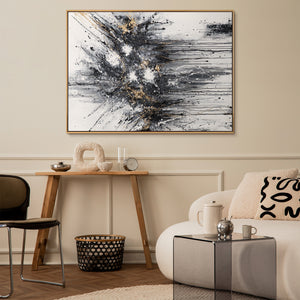 Abstraktes Leinwandbild mit Rahmen „Energie der Linien“ – monochrome Kunst mit Gold