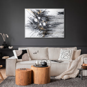 Abstraktes Leinwandbild mit Rahmen „Energie der Linien“ – monochrome Kunst mit Gold