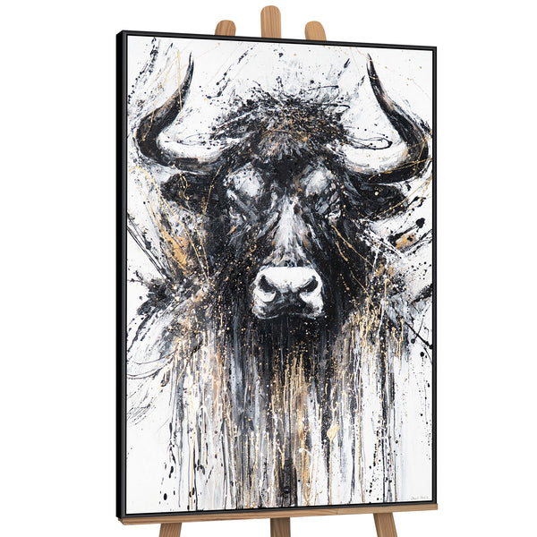 Hand-painted Painting with Frame "Strength in Black and Gold" – Majestic Bull Frontal