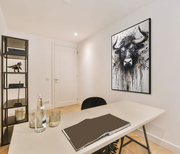 Hand-painted Painting with Frame "Strength in Black and Gold" – Majestic Bull Frontal