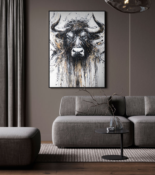 Hand-painted Painting with Frame "Strength in Black and Gold" – Majestic Bull Frontal