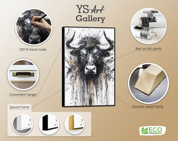 Hand-painted Painting with Frame "Strength in Black and Gold" – Majestic Bull Frontal