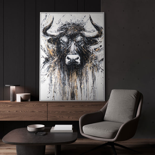 Hand-painted Painting with Frame "Strength in Black and Gold" – Majestic Bull Frontal