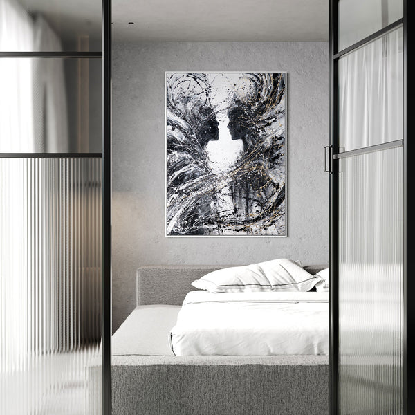 Monochrome Acrylic Painting with Frame "Two Faces" – Emotional Wall Art on Canvas
