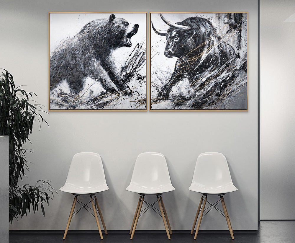 Hand-painted Diptych with Bull & Bear with Frame – Office Wall Decor
