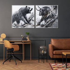 Hand-painted Diptych with Bull & Bear with Frame – Office Wall Decor
