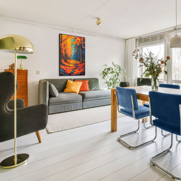 Canvas Wall Art with Frame „Glowing Paths in Autumn Forest“ – Hand-painted with Texture
