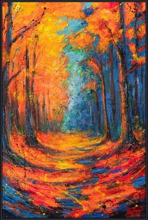 Wandbild auf Leinwand mit Rahmen „Glühende Pfade im Herbstwald“ – handgemalt mit Struktur
