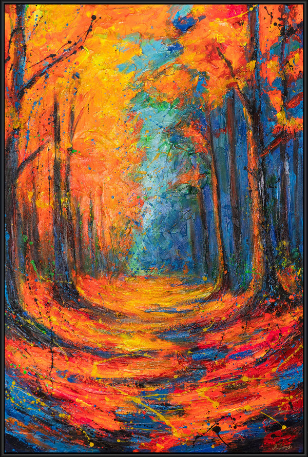 Wandbild auf Leinwand mit Rahmen „Glühende Pfade im Herbstwald“ – handgemalt mit Struktur