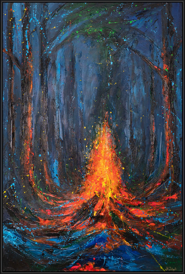 Wandbild auf Leinwand mit Rahmen „Feuerfunken“ – handgemalte Nachtlandschaft