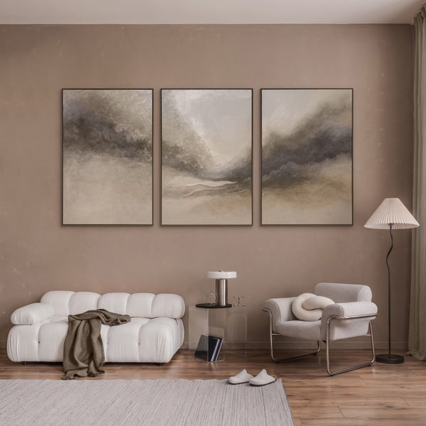 Abstraktes Acrylbild „Nebliger Morgen“ – Elegante Acrylgemälde in Beige & Grau