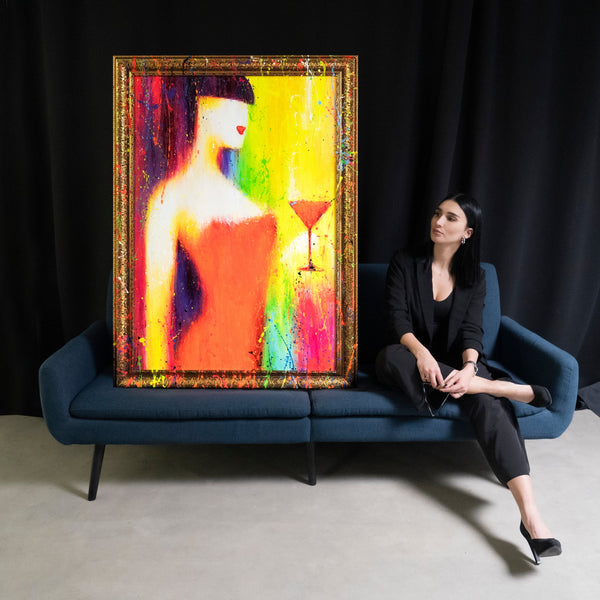 Abstract painting on canvas with frame Abstract colorful picture “The Woman with the Glass”