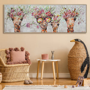 Acrylic paintings animals – modern artworks on canvas, hand-painted giraffes with flower wreaths 