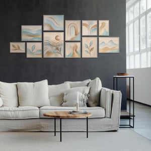 Handgemalte Bilderwand Set in Blau, Beige und Gold