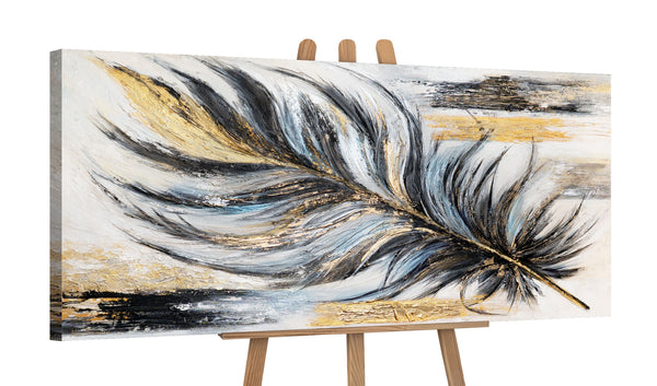 "Golden Feather" Acrylic Picture – Black Gold Art and Canvas Painting 115x50cm 