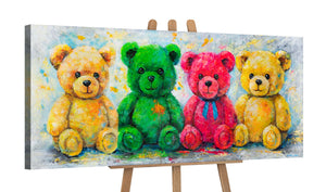 Leinwandbild mit bunten Bären auf Staffelei – Acrylmalerei