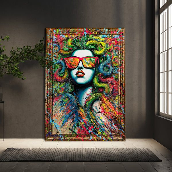Bilder Wohnzimmer Medusa Pop Art bunt handgemalt

