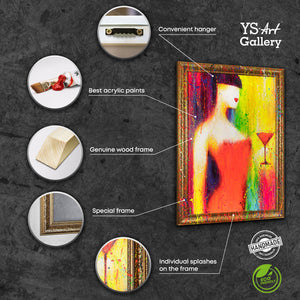 Abstract painting on canvas with frame Abstract colorful picture “The Woman with the Glass”