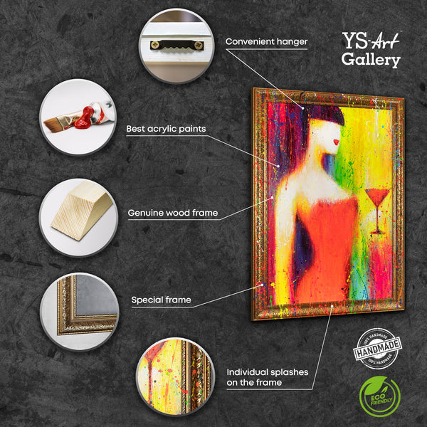 Abstract painting on canvas with frame Abstract colorful picture “The Woman with the Glass”
