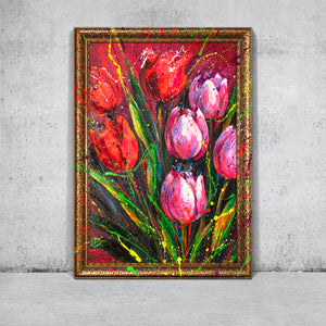 Blumen Gemälde mit Rahmen – Abstrakte Tulpen auf Leinwand "Noten des Frühlings"