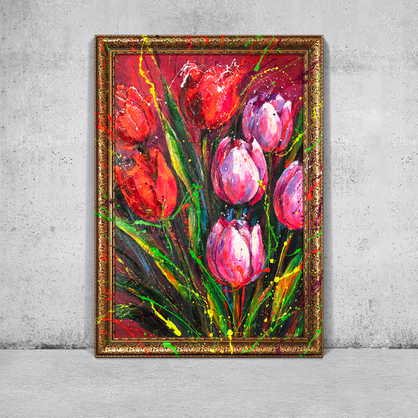 Blumen Gemälde mit Rahmen – Abstrakte Tulpen auf Leinwand "Noten des Frühlings"