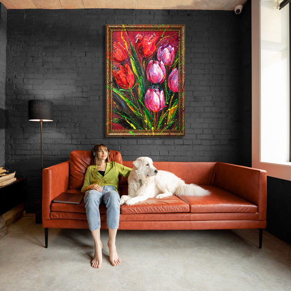 Blumen Gemälde mit Rahmen – Abstrakte Tulpen auf Leinwand "Noten des Frühlings"