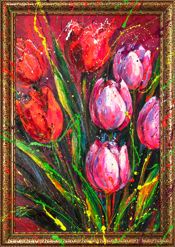Blumen Gemälde mit Rahmen – Abstrakte Tulpen auf Leinwand "Noten des Frühlings"