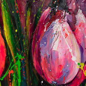 Blumen Gemälde mit Rahmen – Abstrakte Tulpen auf Leinwand "Noten des Frühlings"