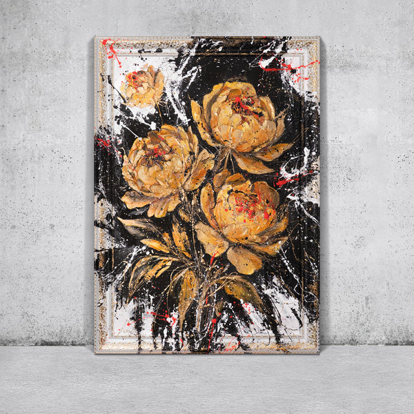 Handgemaltes Acrylbild mit Goldblumen – Wand Kunst Dekor "Samtiger Glanz"