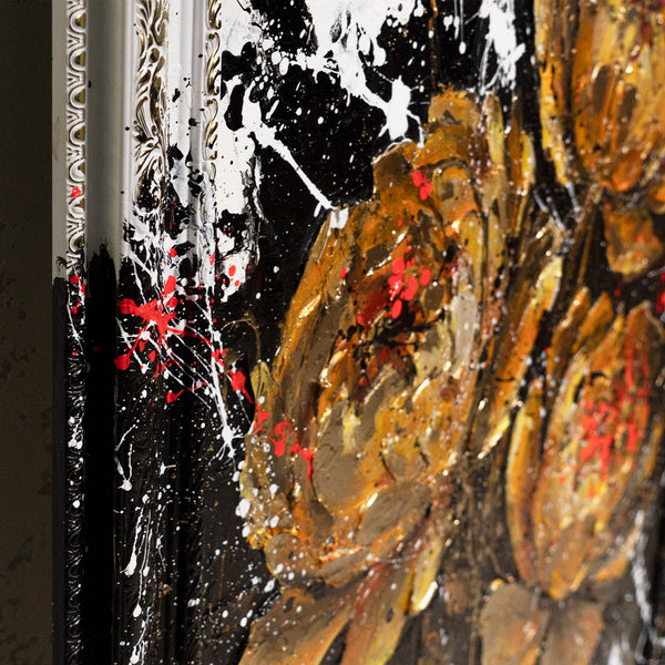 Handgemaltes Acrylbild mit Goldblumen – Wand Kunst Dekor "Samtiger Glanz"