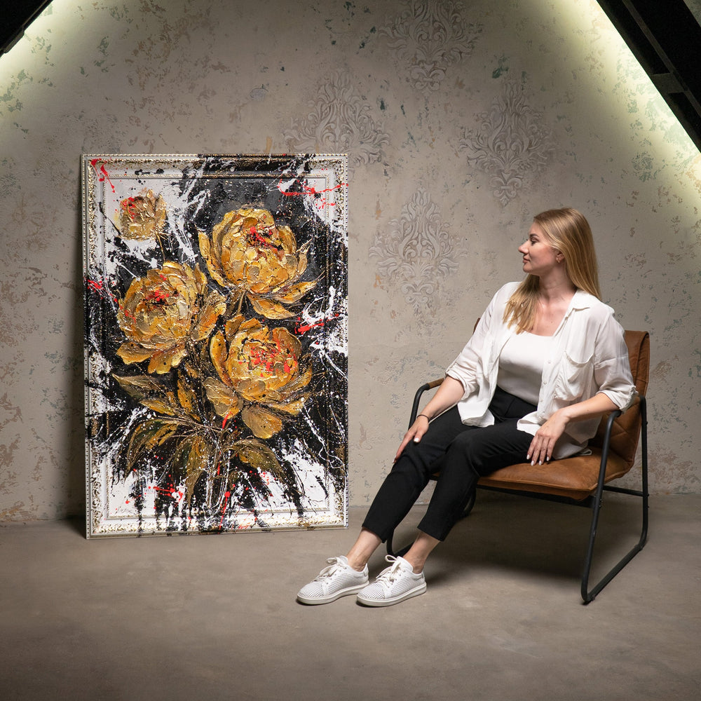 Handgemaltes Acrylbild mit Goldblumen – Wand Kunst Dekor "Samtiger Glanz"