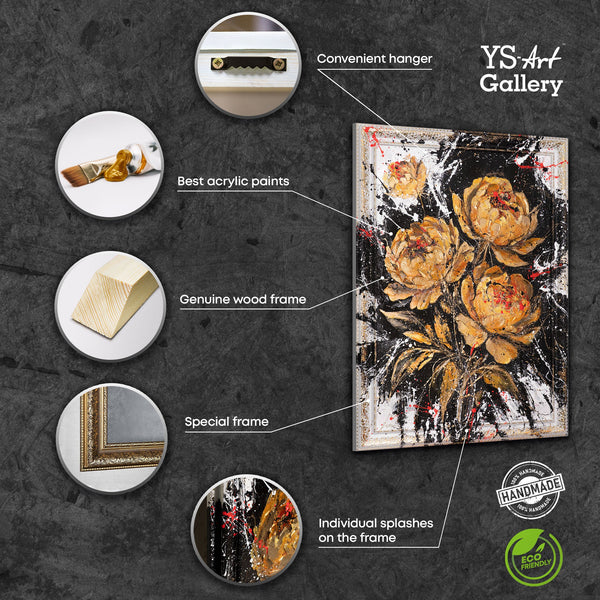 Handgemaltes Acrylbild mit Goldblumen – Wand Kunst Dekor "Samtiger Glanz"