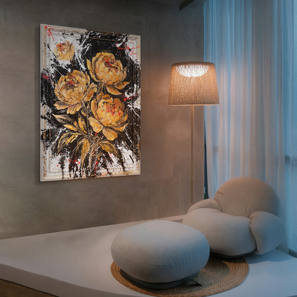 Handgemaltes Acrylbild mit Goldblumen – Wand Kunst Dekor "Samtiger Glanz"