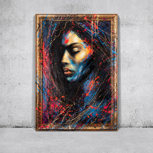 Wanddeko für Wohnzimmer mit Rahmen – Acrylgemälde "Gold in der Dunkelheit" in leuchtenden Farben