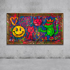 Buntes Graffiti Wandbild mit Smiley und Frosch
